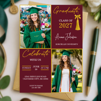 Convites Festa de Graduação Personalizada Burgundy & Gold c