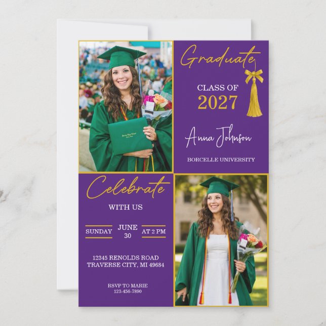 Convites Festa de Graduação Personalizada Roxo e Dourado co (Frente)