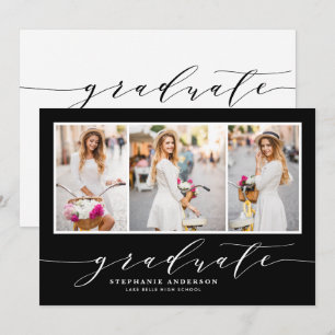 Convites Festa de Graduação Preto Foto Três Script Delicado
