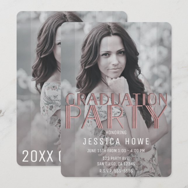 Convites Festa de Graduação Rosa Cinza Moderno Foto de Grad (Frente/Verso)