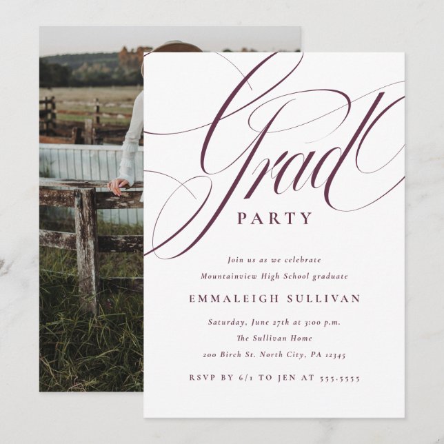 Convites Festa de Graduação Roxa com Script Chique (Frente/Verso)