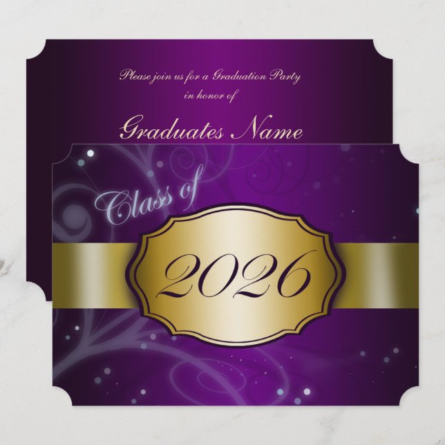 Convites Festa de Graduação Roxo e Dourado 2026 (Frente/Verso)