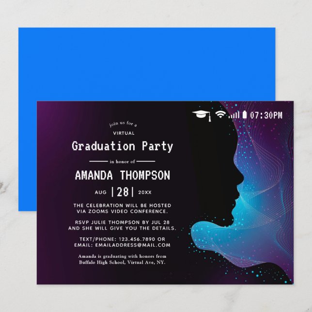 Convites Festa de Graduação Virtual com Brilho Futurista (Frente/Verso)