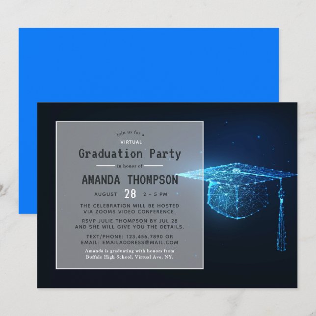 Convites Festa de Graduação Virtual Futurista com Brilho Az (Frente/Verso)