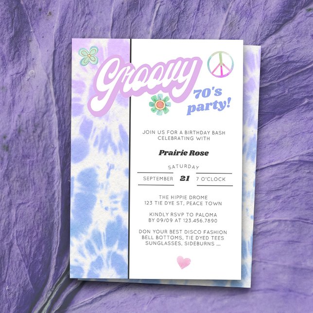 Convites Festa de Groovy 70 Pastel Tie Dye Aniversário (Groovy 70's Birthday Party Invitation for anyone of any age with vintage retro tie dye style)