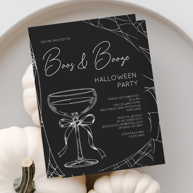 Convites Festa de Halloween adulta com Boos e Bebida com Ro (Boos and Booze Black Script Adult Halloween Party Invitation)