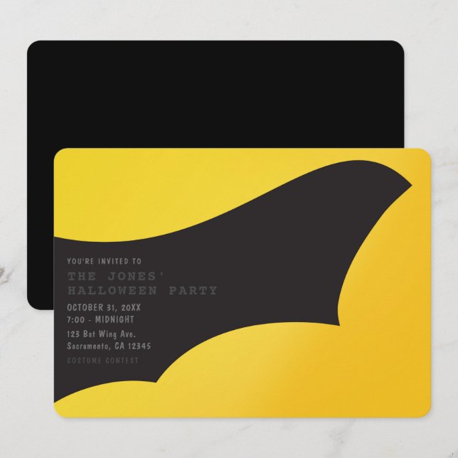 Convites Festa de Halloween Asa de Morcego Preta (Frente/Verso)