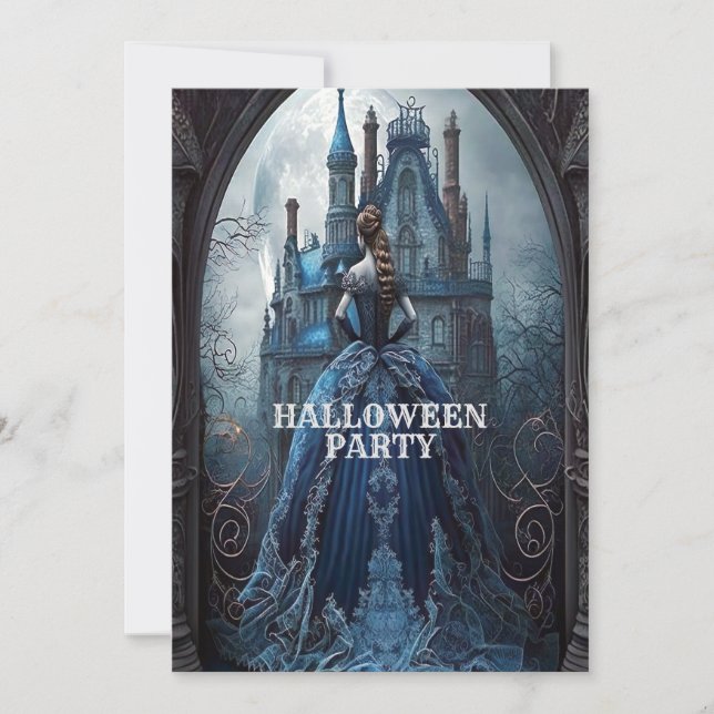 Convites Festa de Halloween Assombrada Casa Azul Noite Assu (Frente)