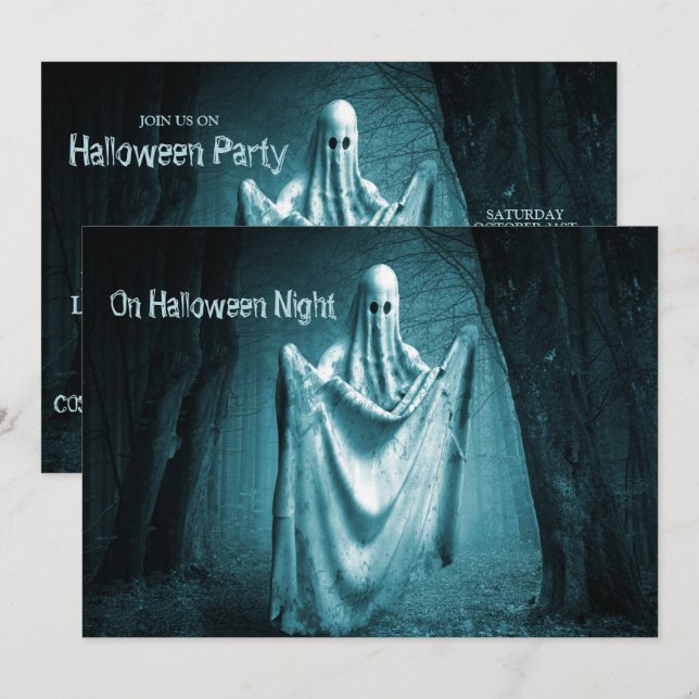 Convites Festa de Halloween Assustadora Ghost Dark Blue Nig (Frente/Verso)