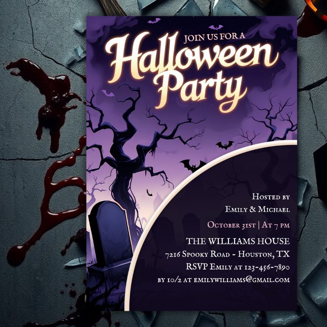Convites Festa de Halloween Assustadora no Cemitério Assomb (Scary Graveyard Spooky Halloween Party Invitation with Purple Night Sky)