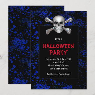 Convites Festa de Halloween Azul com Caveira e Ossos Cruzad