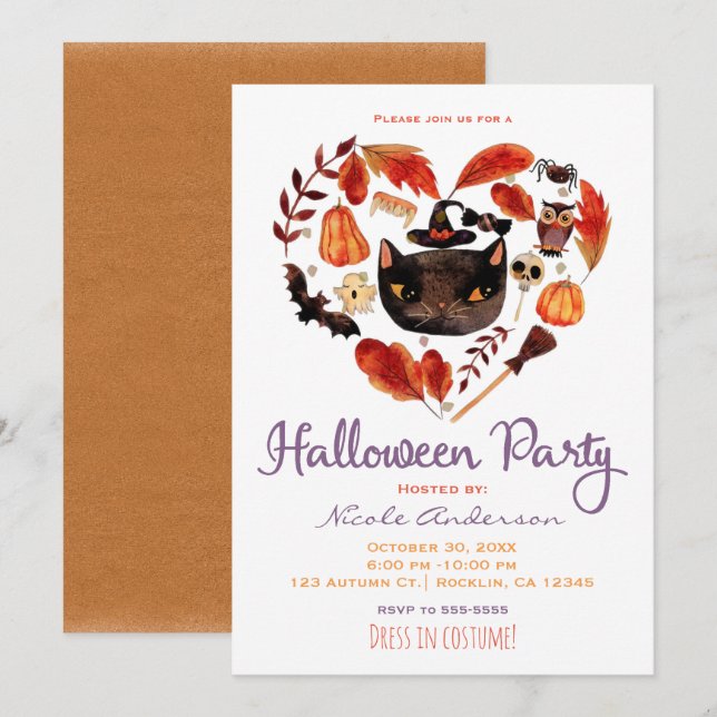 Convites Festa de Halloween Black Cat Watercolor (Frente/Verso)