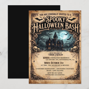 Convites Festa de Halloween Casa Assombrada Vintage Morcego
