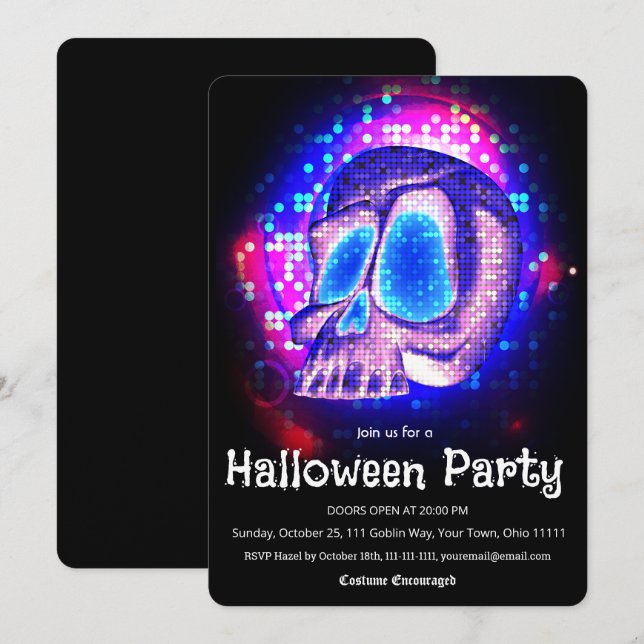 Convites Festa de Halloween Caveira Disco Retro Neon (Frente/Verso)