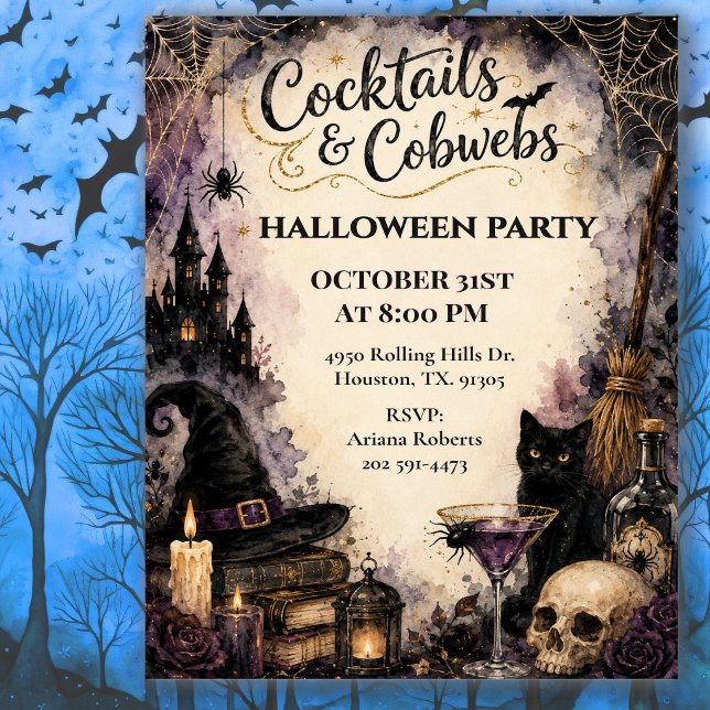 Convites Festa de Halloween Cocktails & Teias de Aranha (Criador carregado)