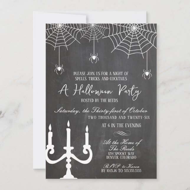 Convites Festa de Halloween com Aranha em Quadro Negro Vint (Frente)