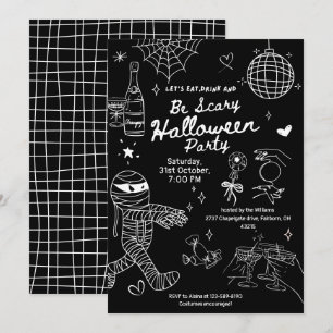 Convites Festa de Halloween com Desenhos à Mão em Preto e B