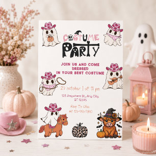 Convites Festa de Halloween com Fantasia de Cowgirl Rosa
