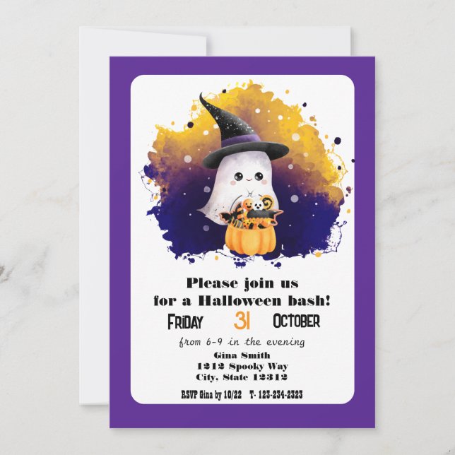 Convites Festa de Halloween com Fantasma Fofo (Frente)