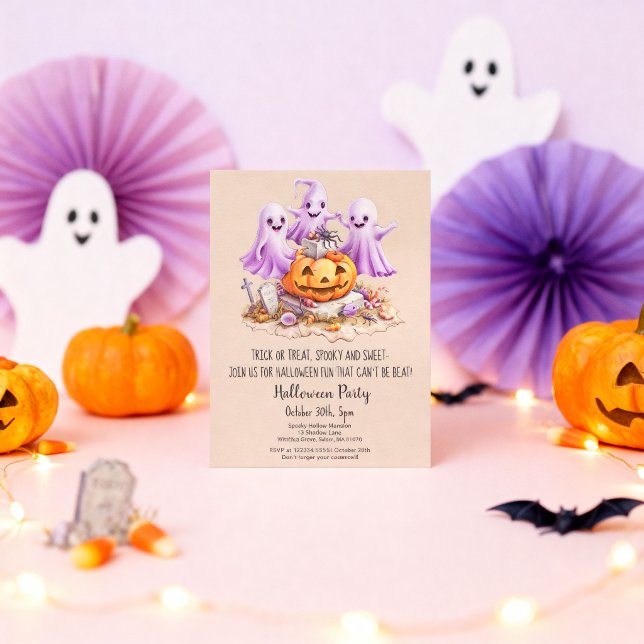 Convites "Festa de Halloween com Fantasmas Lindos Aniversár (Criador carregado)