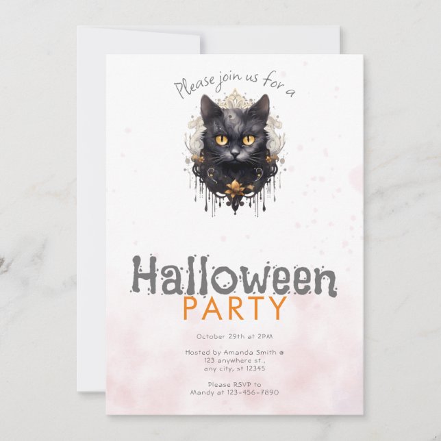 Convites Festa de Halloween com Gato Preto Rhinestones (Frente)
