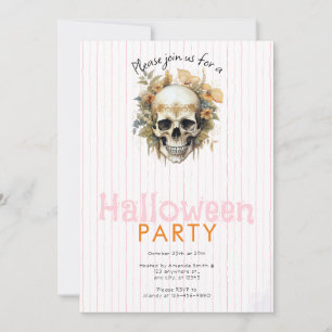 Convites Festa de Halloween com Listras Rosa e Floral Boho
