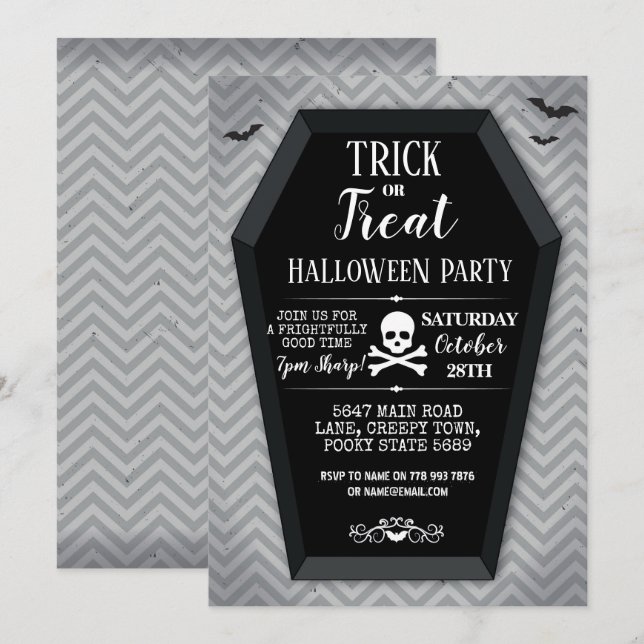 Convites Festa de Halloween Convidam Coffin Bats Skull Cros (Frente/Verso)