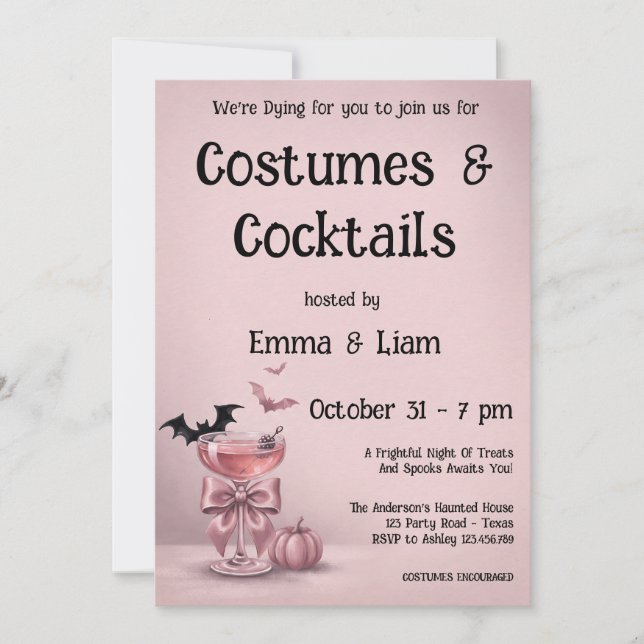 Convites Festa de Halloween Coquette Bow Pink Drink & Morce (Frente)