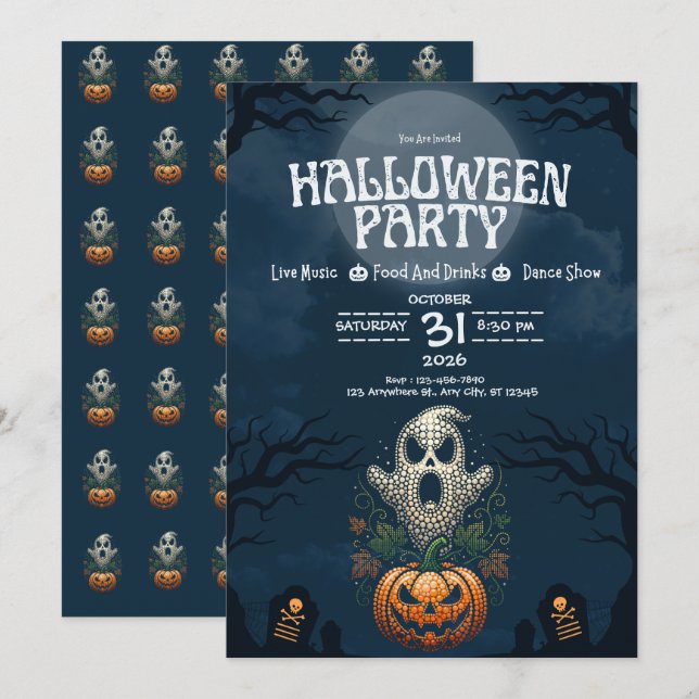 Convites Festa de Halloween Crânio Abóbora Design Gótico (Frente/Verso)