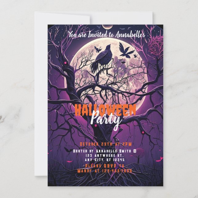 Convites Festa de Halloween da Árvore Assustadora sob a Lua (Frente)