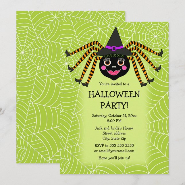 Convites Festa de Halloween da Bruxa de Aranha (Frente/Verso)