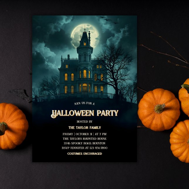 Convites Festa de Halloween da Casa Branca (Gothic Haunted House Halloween Party Invitation – Full Moon Night | Annual Costume Party)