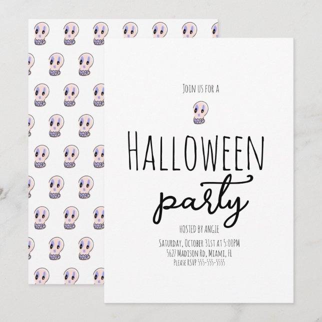 Convites Festa de Halloween da Caveira Vintage Doodle  (Frente/Verso)