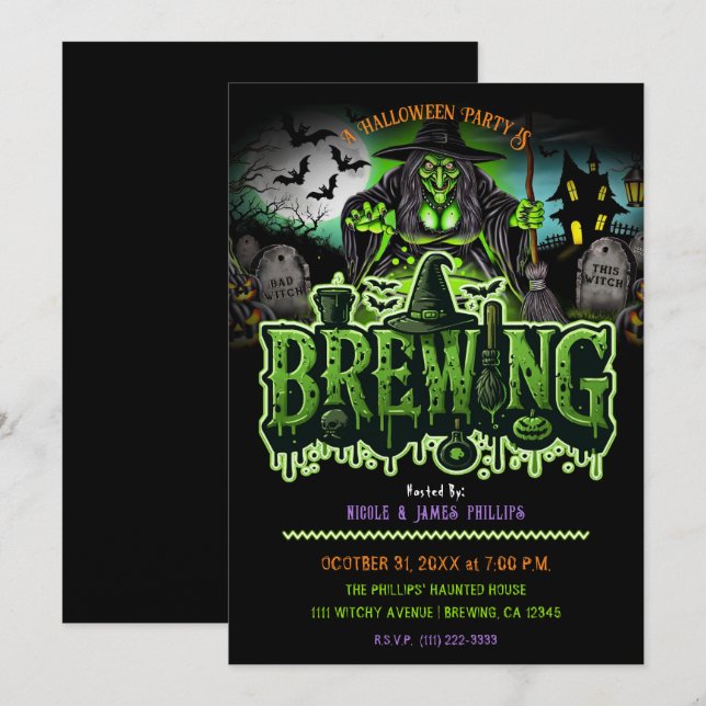Convites Festa de Halloween da Cervejaria Green Witch Grave (Frente/Verso)
