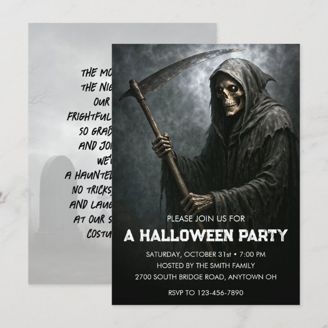 Convites Festa de Halloween da Grim Reaper (Frente/Verso)