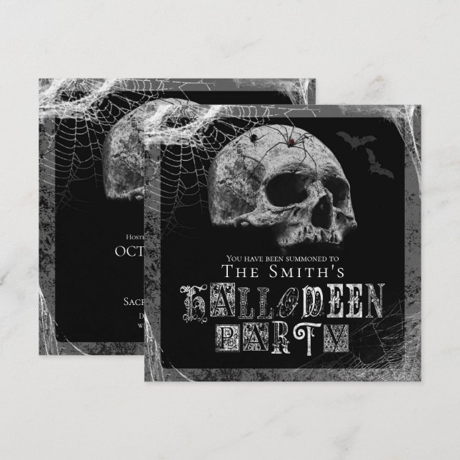 Convites Festa de Halloween da Viúva Negra Caveira e Teias  (Frente/Verso)