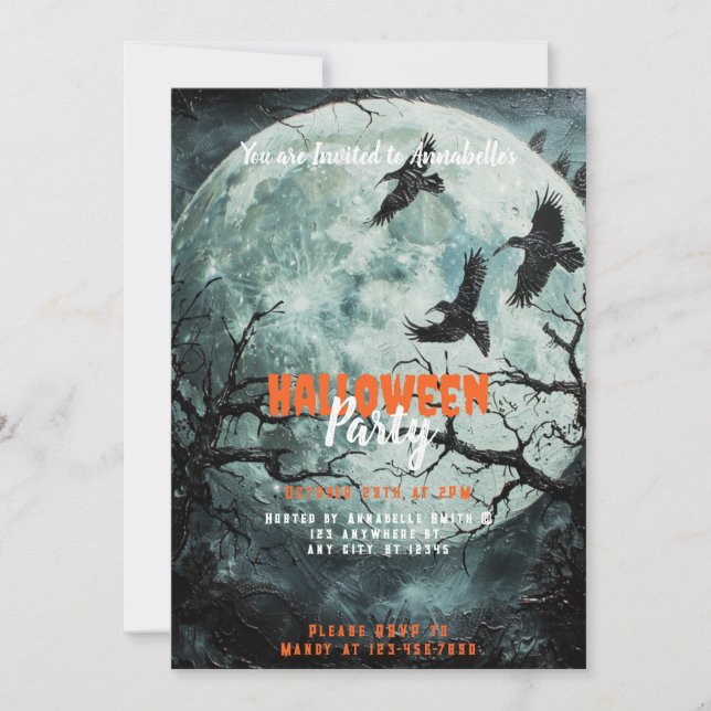 Convites Festa de Halloween das Aves Pretas da Lua Cheia As (Frente)