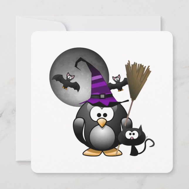 Convites Festa de Halloween das Crianças Pinguins Bruxas (Frente)