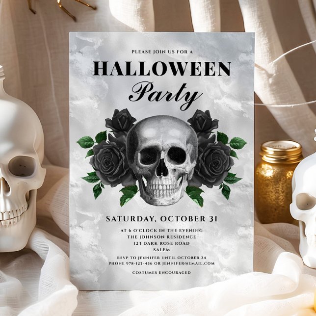 Convites Festa de Halloween das Rosas Pretas Góticas & Cave (Gothic Black Roses & Skull Halloween Party Invitation)