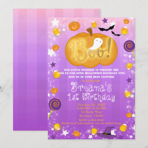 Convites Festa de Halloween de 1º Aniversário Roxo e Laranj