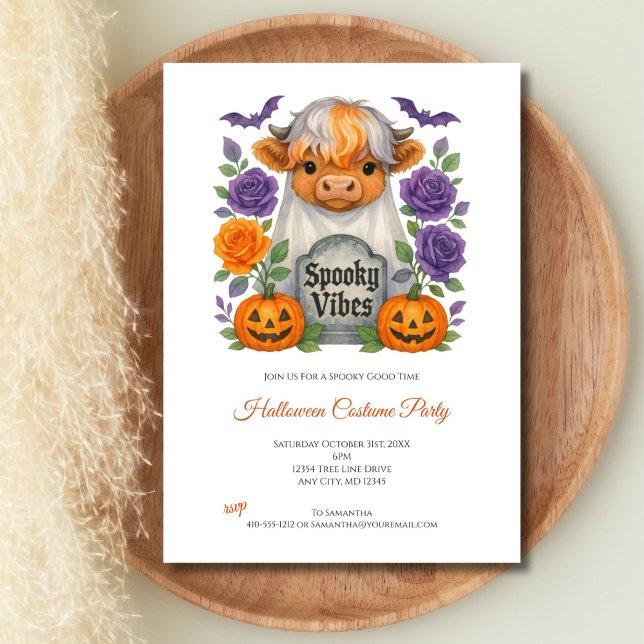 Convites Festa de Halloween de Abóbora Flores Fantasmas Vac (Cute Highland Cow Ghost Halloween Party Invitation. Perfect for Adults or kids)