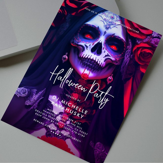Convites Festa de Halloween de Adultos Góticos, Festa Verme (Gothic Adult Halloween Party Red Purple Lady Skull Invitation
)