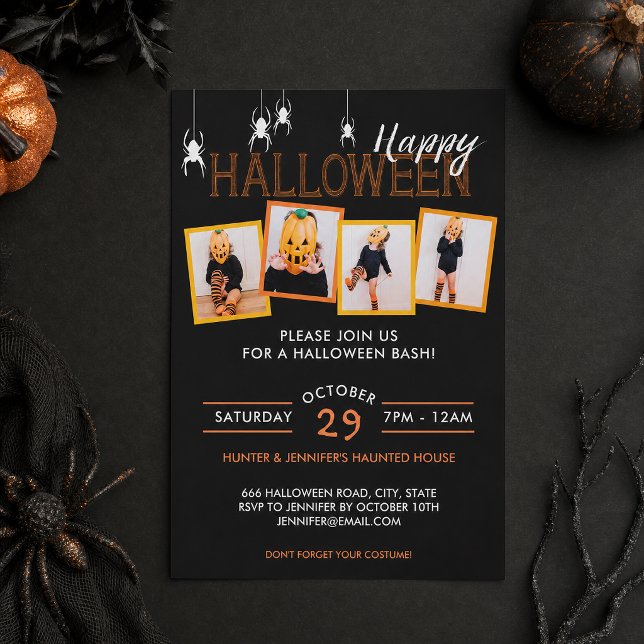 Convites Festa de Halloween de Aranha com 4 Fotos Personali (Share favorite Halloween memories while inviting everyone to your next spooky celebration.)