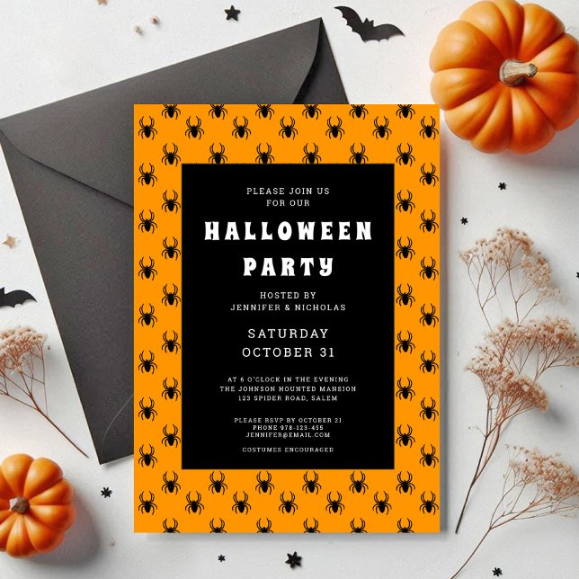 Convites Festa de Halloween de Aranhas Laranja e Pretas Fof (Cute Spiders Orange Halloween Party Invitation)
