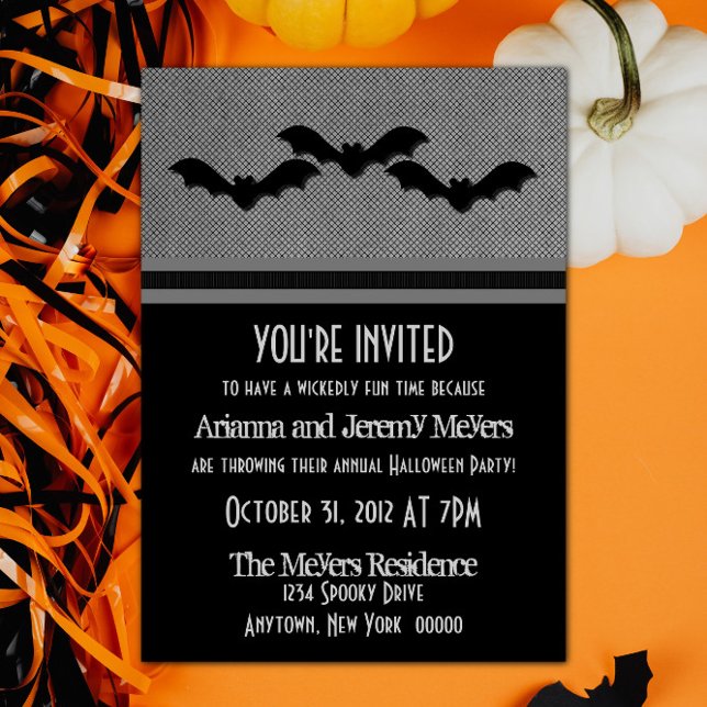 Convites Festa de Halloween de Bats Cerradora Convide, Cinz (Creepy Bats Halloween Party Invite - Gray)