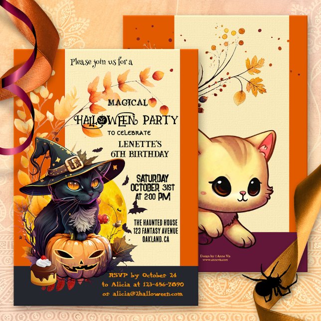 Convites Festa de Halloween de bruxas bonitas (A cute child birthday Halloween party invitation showing a witch cat with magical pumpkin and treat)