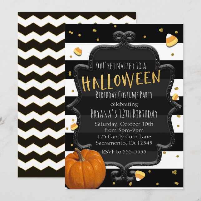 Convites Festa de Halloween de Candy Corn Listrado Preto e  (Frente/Verso)