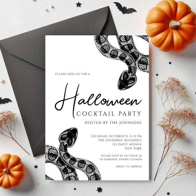 Convites Festa de Halloween de Cocktail de Cobras Pretas e  (Black And White Snakes Cocktail Party Halloween Invitation)