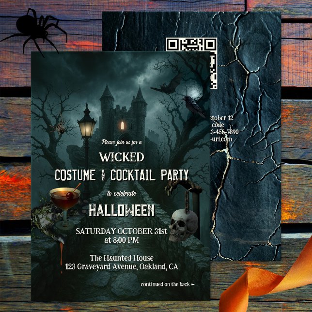 Convites Festa de Halloween de Cocktail e Costume (Costume and cocktail Halloween party invitation featuring an old castle on a dark night)