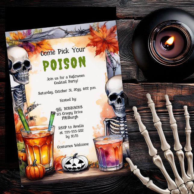 Convites Festa de Halloween de Coquetel de Veneno Esqueleto (Vintage skeleton poison cocktail Halloween party invitation)